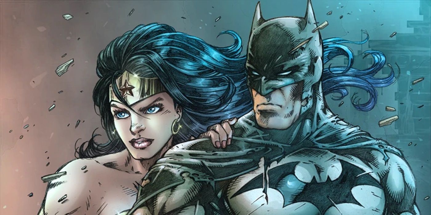 Wonder Woman standing behind Batman on a cropped cover of a DC Comic Book