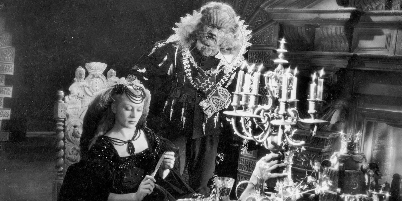 Belle (Josette Day) and the Beast (Jean Marais) at dinner in 1946's Beauty and the Beast