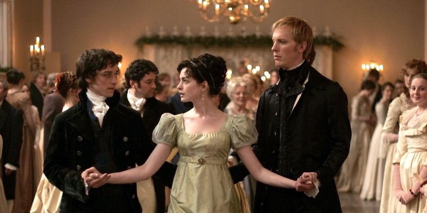 Tom, played by James McAvoy, Jane, played by Anne Hathaway, and Mr. Wisley, played by Laurence Fox, in Becoming Jane.