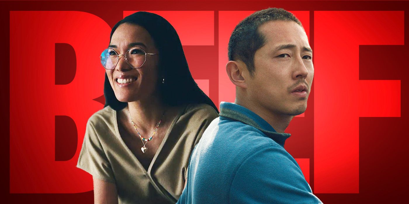 Ali Wong and Steven Yeun as Amy and Tammy in Beef, in front of a red background