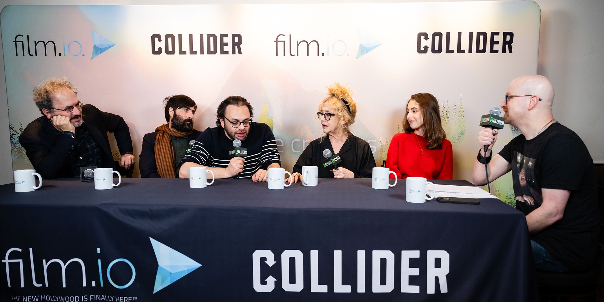 (Left to right) Robert Smigel, Jason Schwartzman, Nathan Silver, Carol Kane, and Madeleine Weinstein discussing Between the Temples at Sundance 2024