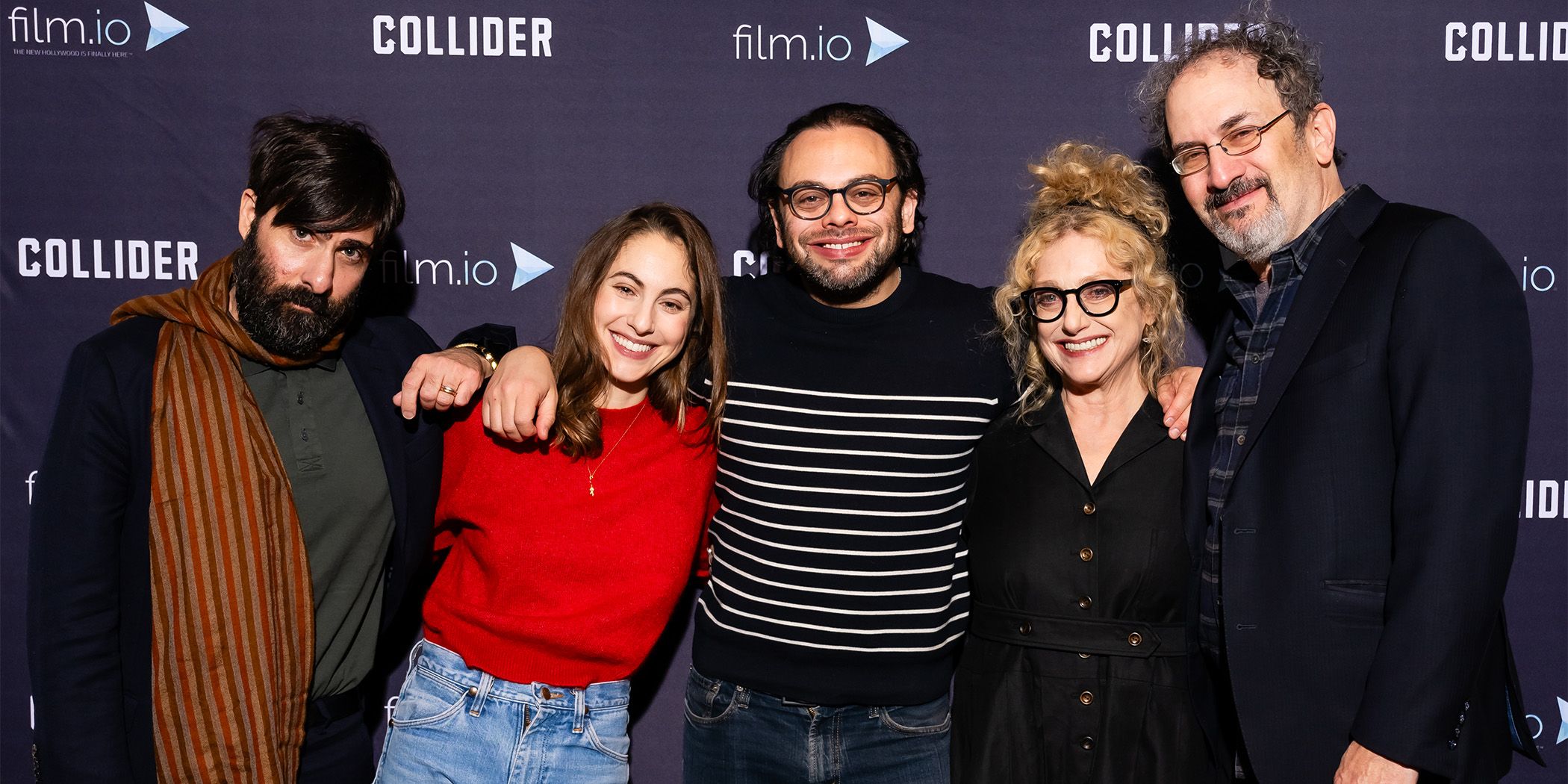 (Left to right) Jason Schwartzman, Madeleine Weinstein, Nathan Silver, Carol Kane, and Robert Smigel pose at Sundance 2024 for Between the Temples