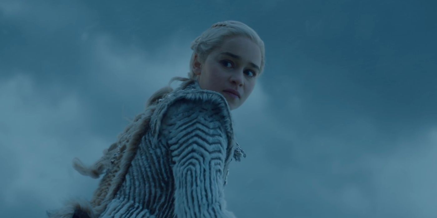 Daenerys Targaryen (Emilia Clarke) looks mortified as she rides Drogon north of the wall and sees the wights.