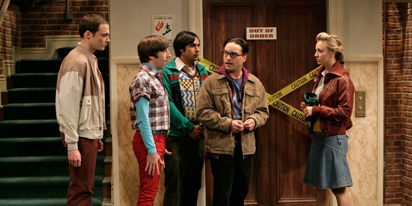 The Big Bang Theory main characters stand in front of a broken elevator 