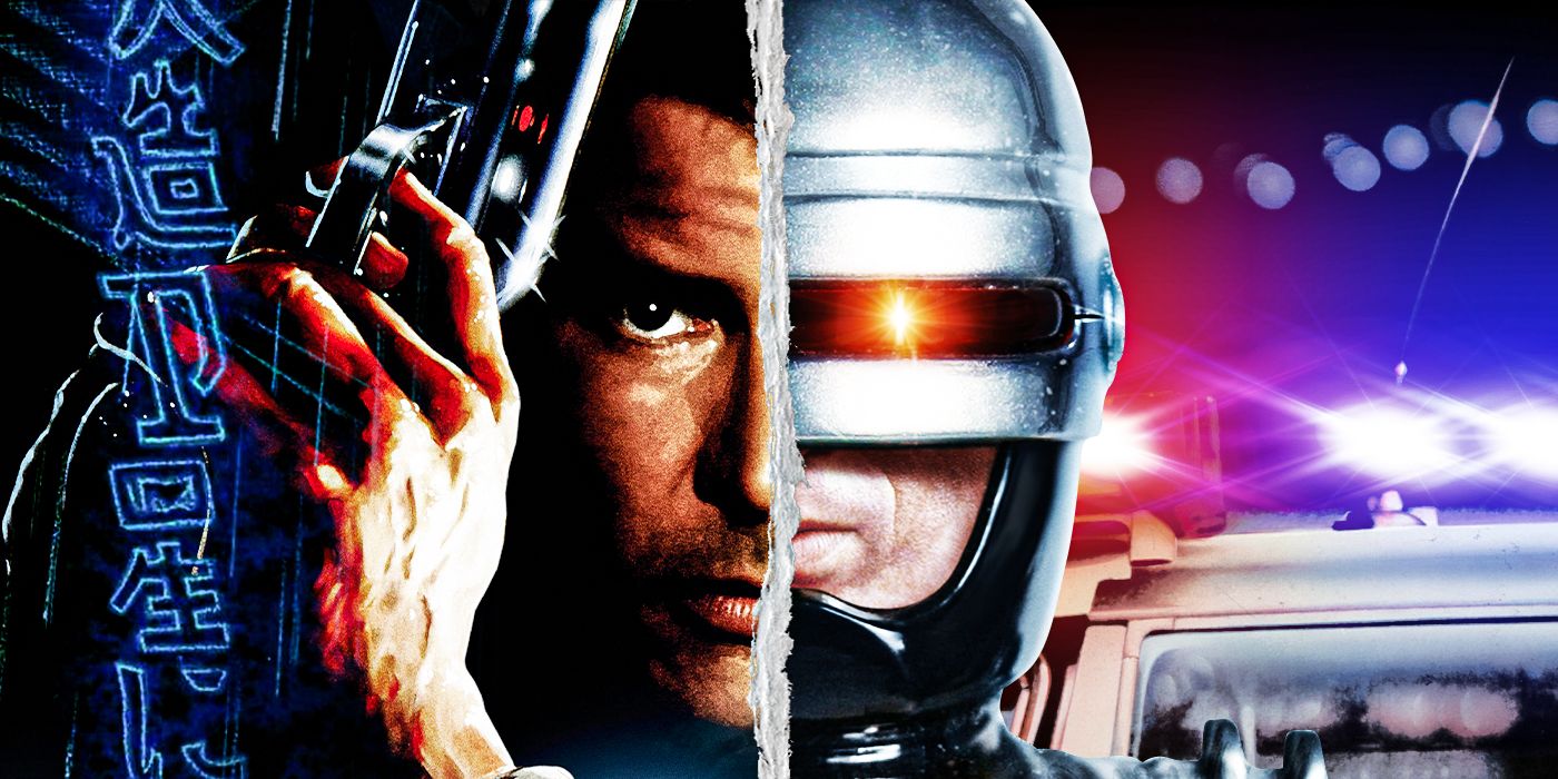 A custom image of Harrison Ford in Blade Runner and Peter Weller in Robocop