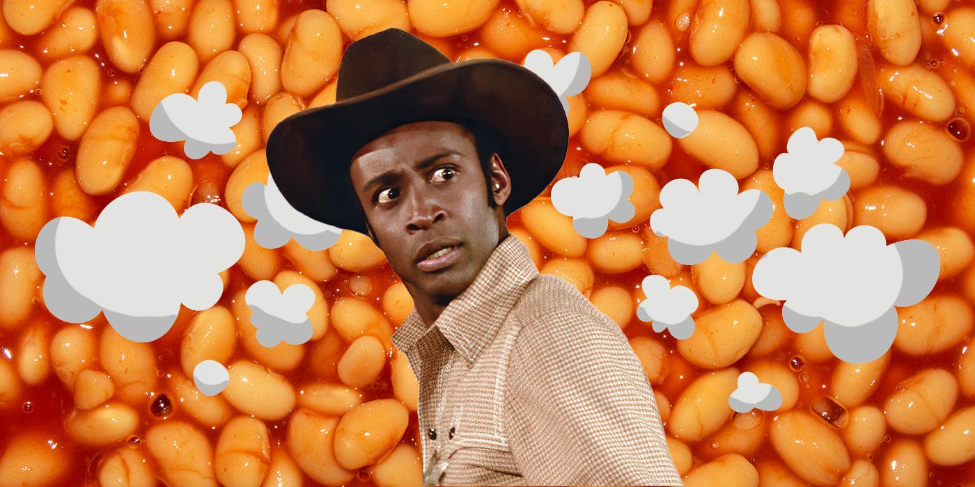 Cleavon Little as Sherriff Bart with fart clouds and beans in the background