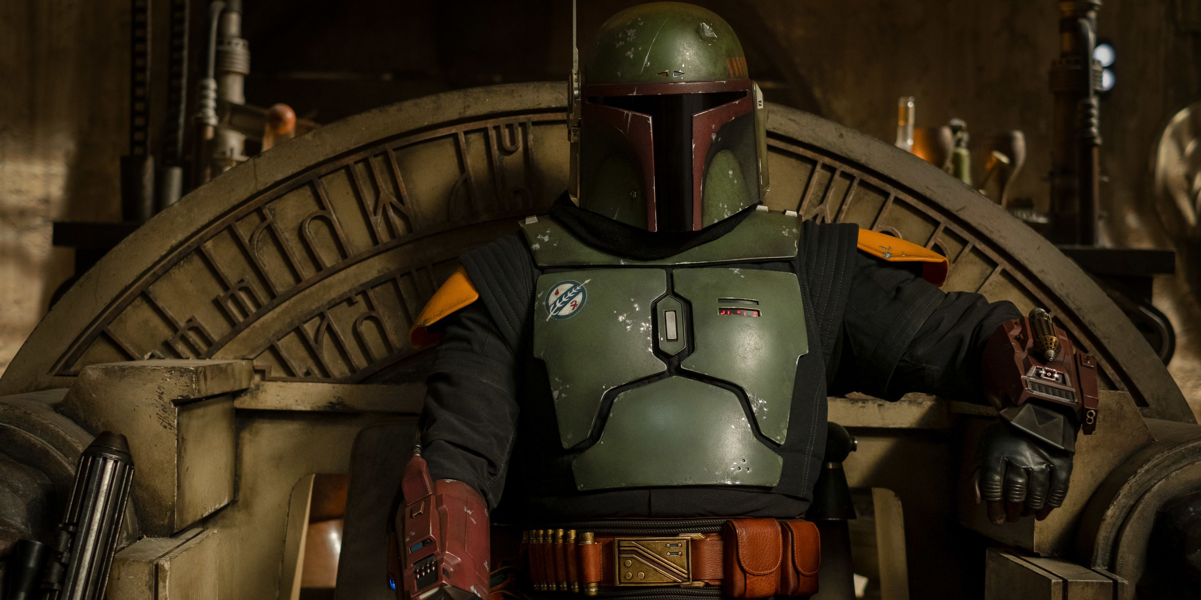 Close up of fully armored Boba Fett sitting on a throne with his arm propped up.