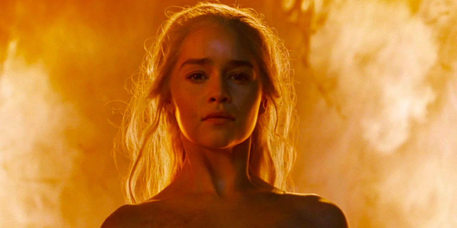 Daenerys Targaryen (Emilia Clarke) emerges from a blazing fire in a temple in Vaes Dothrak completely unharmed.