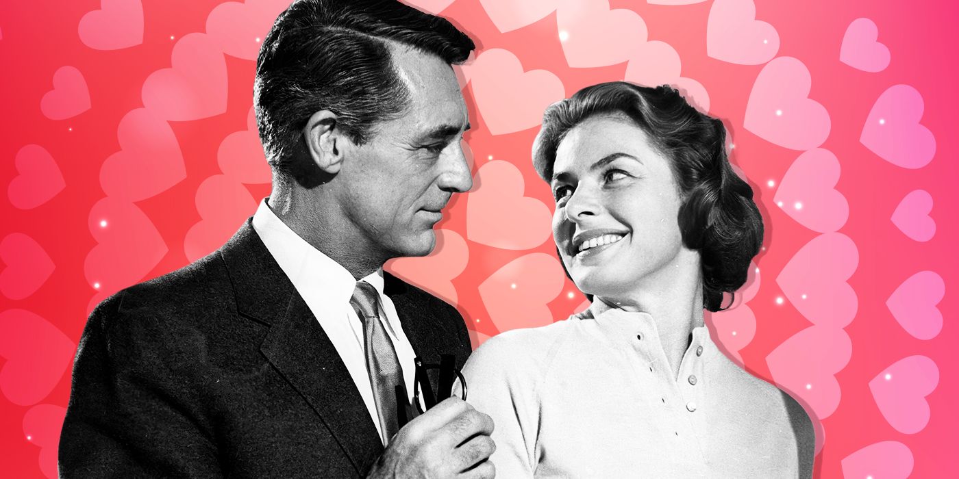 Cary Grant, on the left, holding Ingrid Bergman, on the right, by the shoulders, as they look at each other and smile with a pink background and pink and white hearts behind them