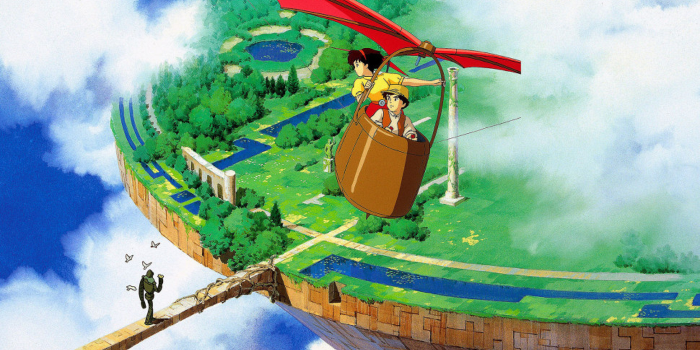 Sheeta and Pazu fly over Laputa in Studio Ghibli's film Castle in the Sky