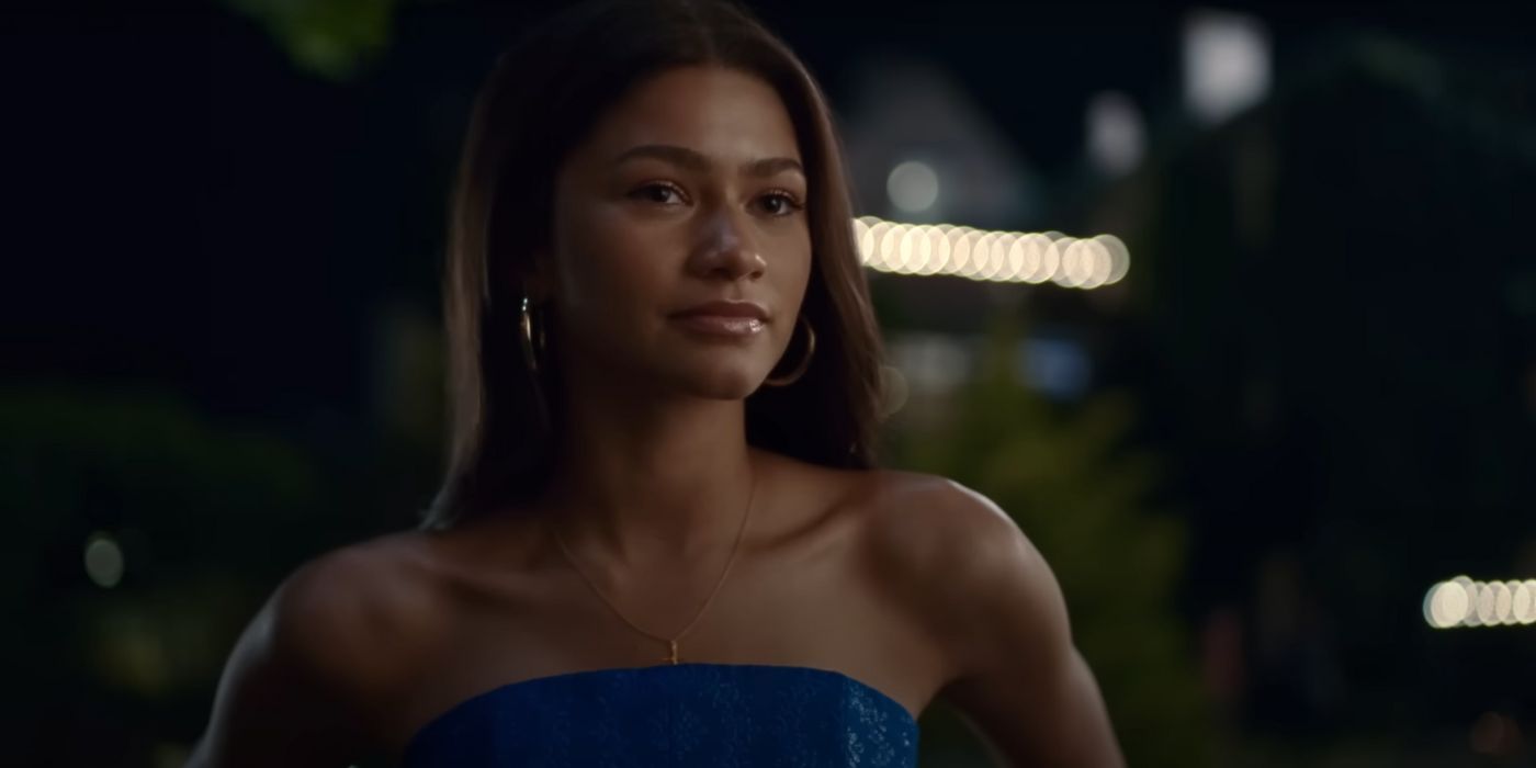 Tashi Duncan (Zendaya) wearing a blue dress at a party in Challengers