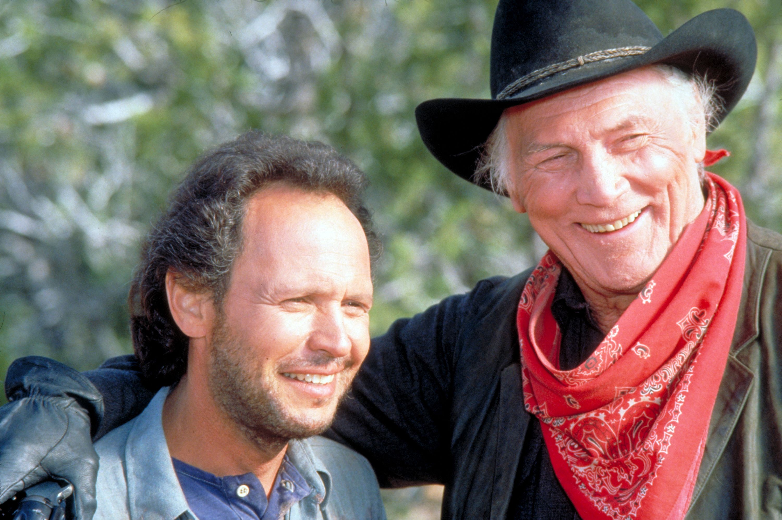 close up of Billy Crystal as Mitch Robbins and Jack Palance as Curly Washburn in City Slickers