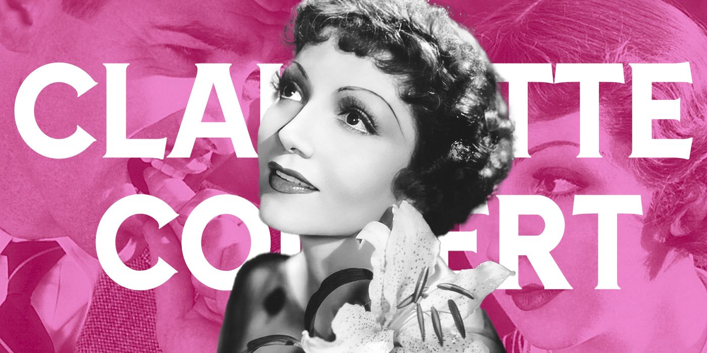 Blended image showing Claudette Colbert with her name in large white letters in the background.