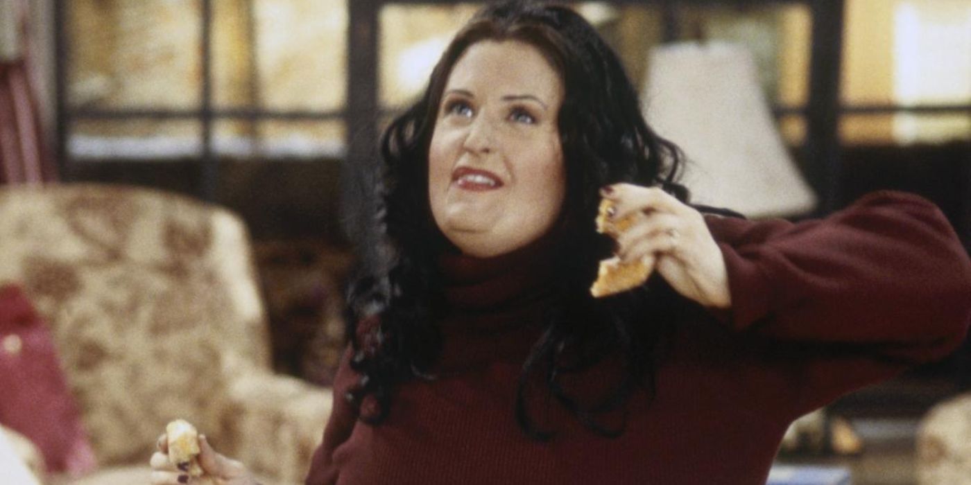 Monica dancing while eating a donut in Friends