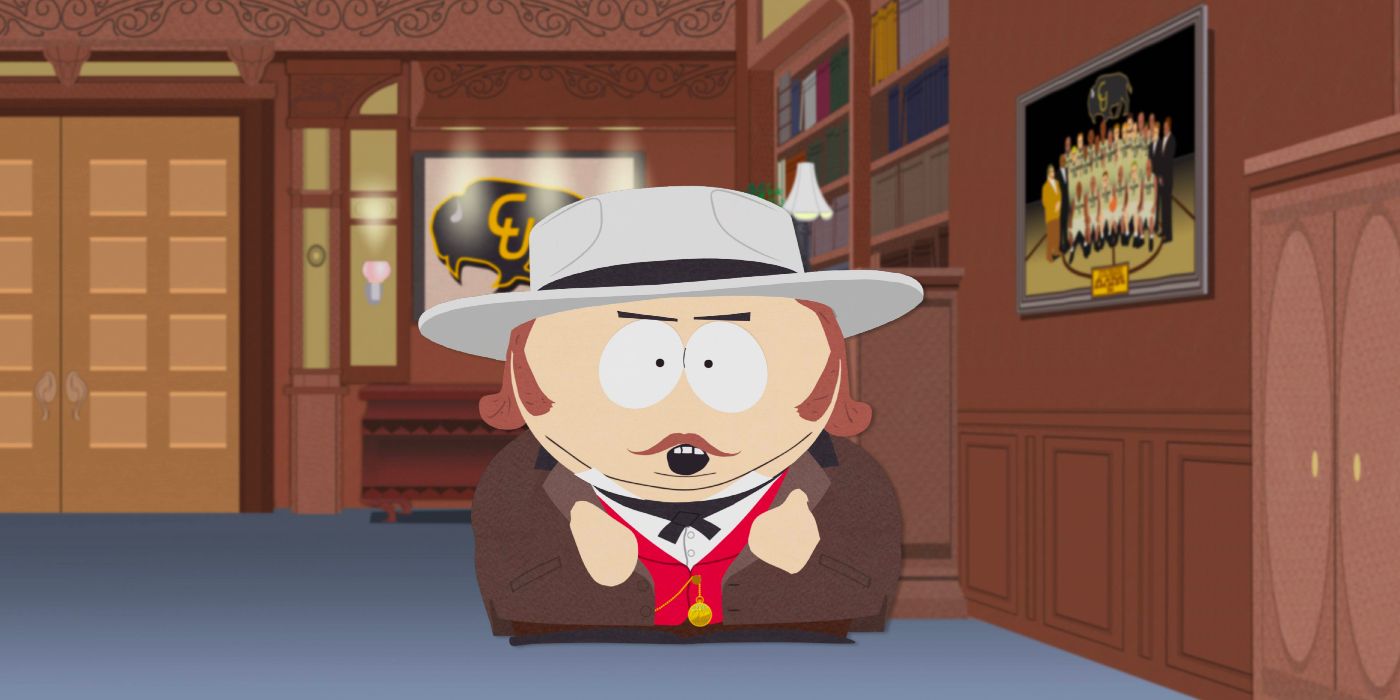 Cartman stands in an athletic hall dressed like Leonardo DiCaprio from Django Unchained in South Park.