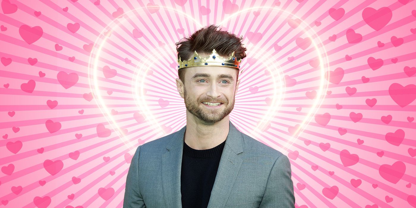 Feature Image of Daniel Radcliffe wearing a crown in front of a pink background of hearts.