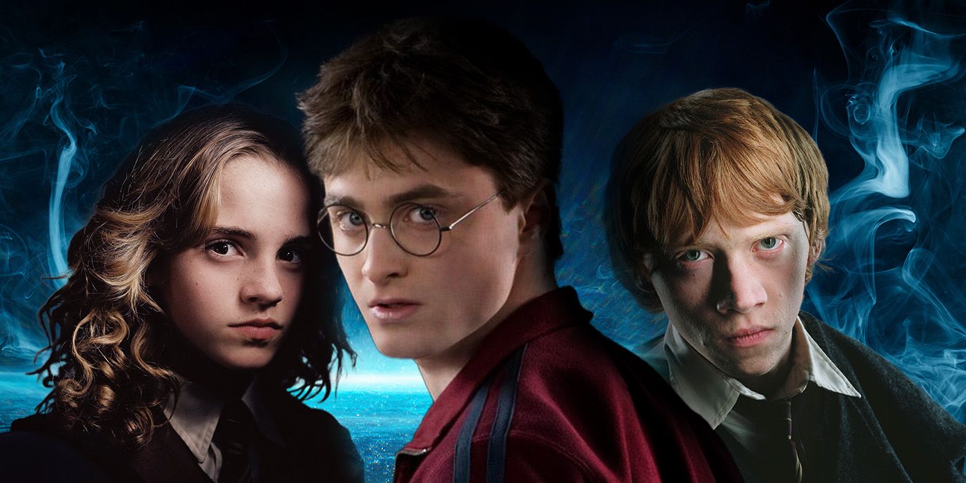 Harry (Daniel Radcliffe), Hermione, (Emma Watson), and Ron (Rupert Grint) in front of a blue fog, look grimly at the camera