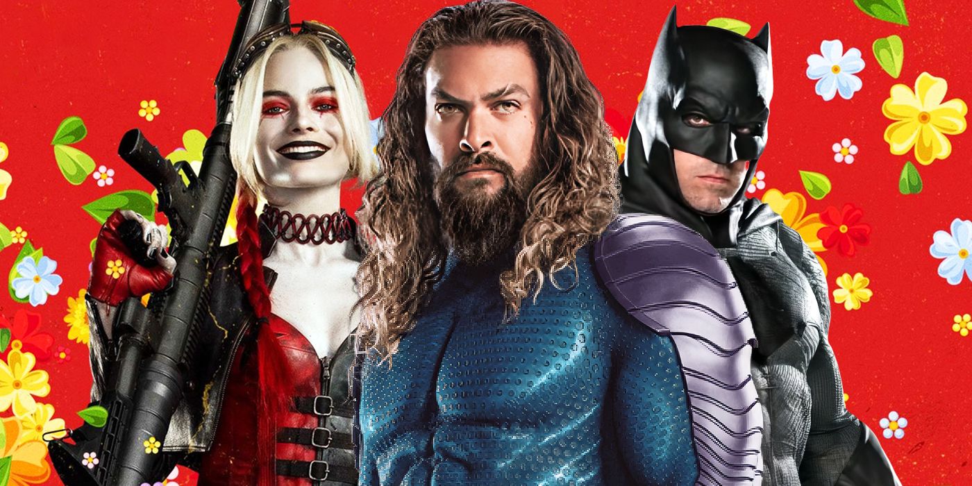 Harley Quinn, Aquaman, and Batman in a row with a red background and white and yellow flowers behind them