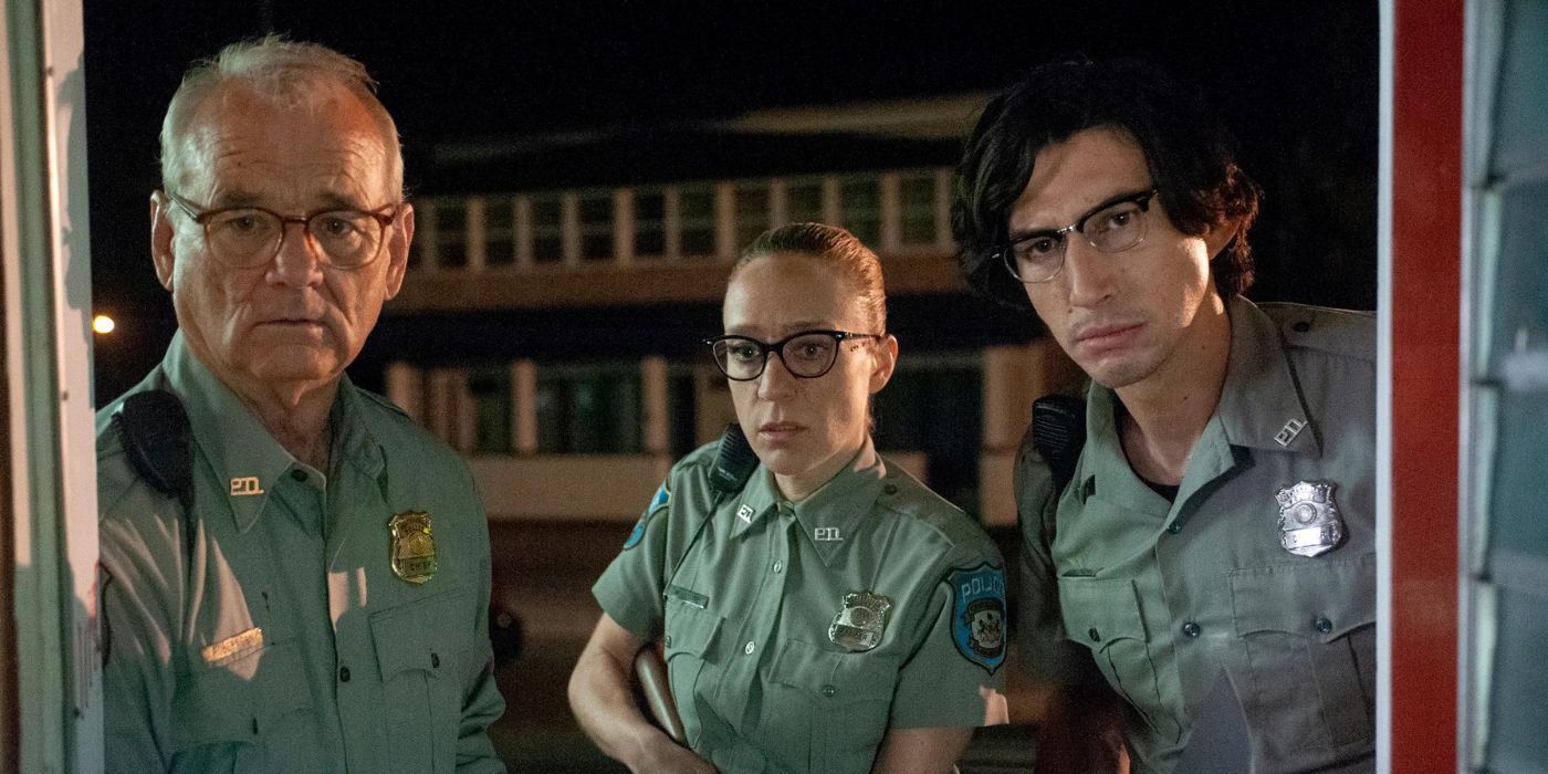 Bill Murray, Chloë Sevigny, and Adam Driver in cop uniforms in The Dead Don&rsquo;t Die