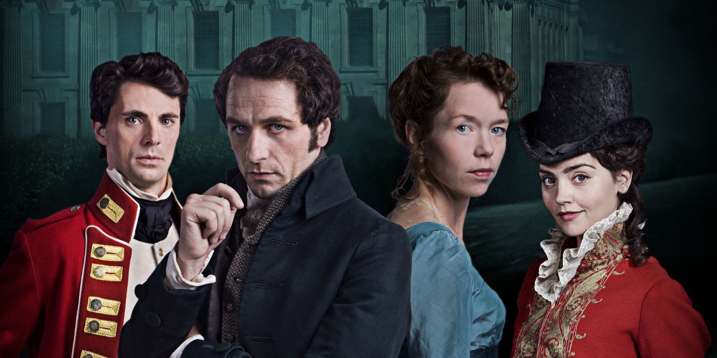 Matthew Rhys as Fitzwilliam Darcy, Anna Maxwell Martin as Elizabeth Bennet, Matthew Goode as Mr Wickham, Jenna Coleman as Lydia in Death Comes to Pemberley poster.