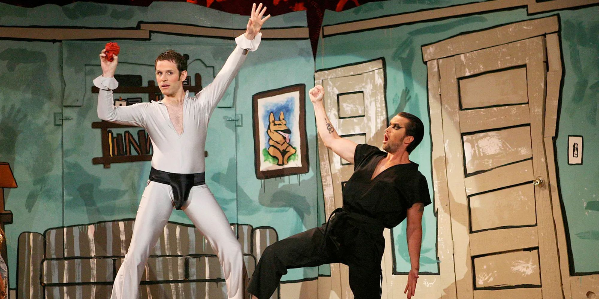 Dennis and Mac on stage in The Nightman Cometh episode of It's Always Sunny in Philadelphia