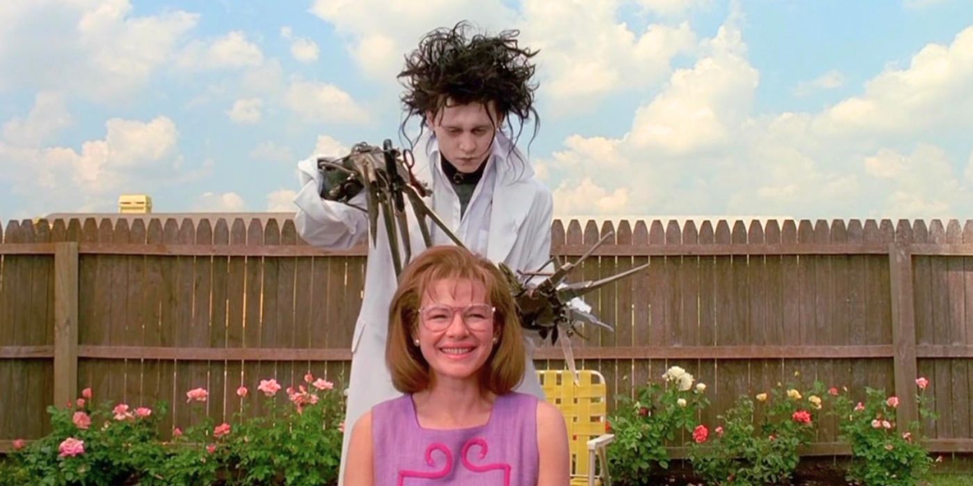 Dianne Wiest gets a haircut by Johnny Depp as Edward in Edward Scissorhands.