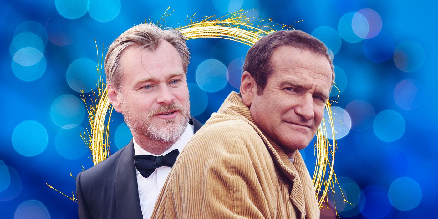 Director Christopher Nolan and Actor Robin Williams in front of a blue background