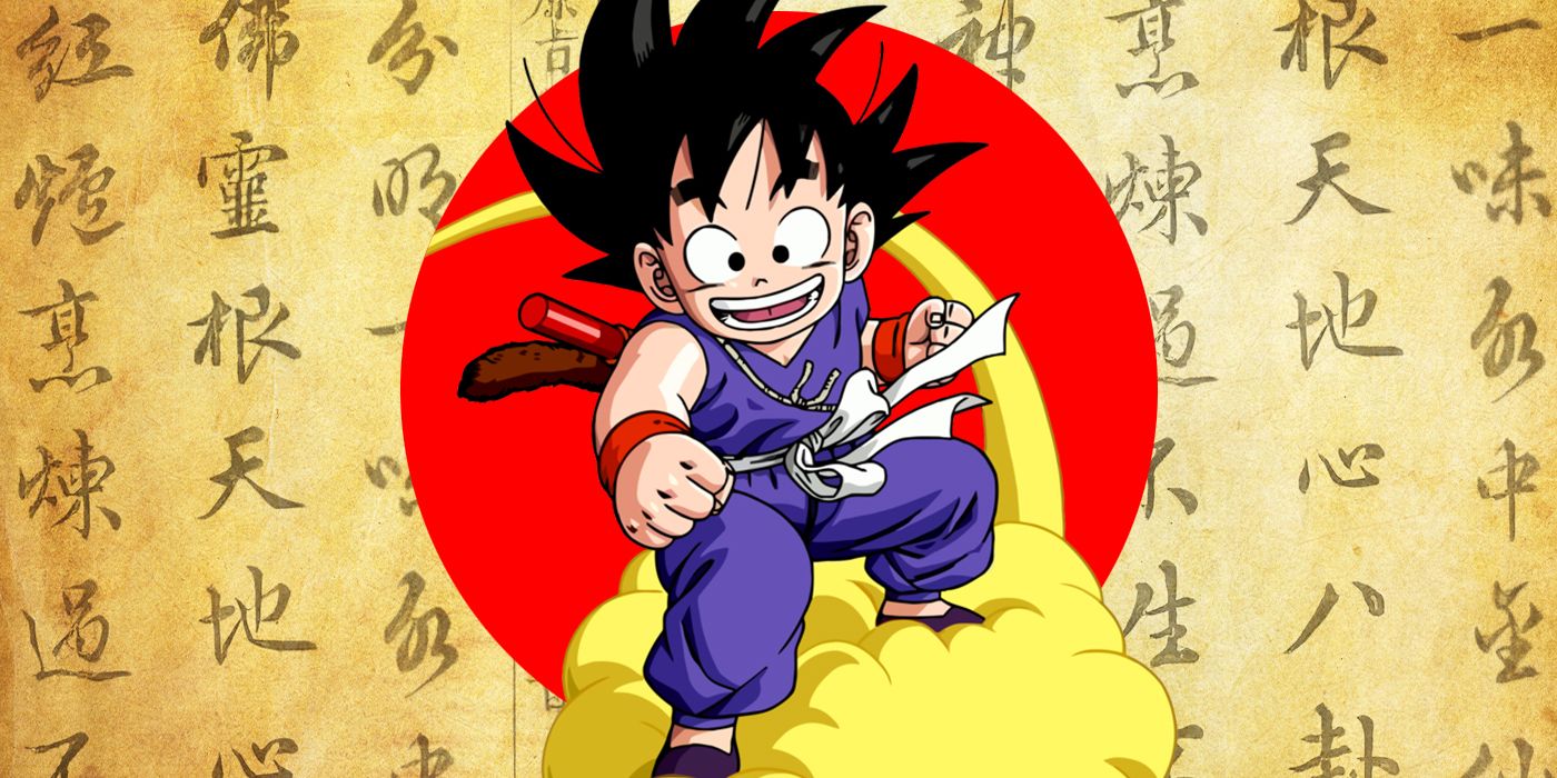 Goku on his nimbus cloud with chinese script behind him, evoking Journey of the West