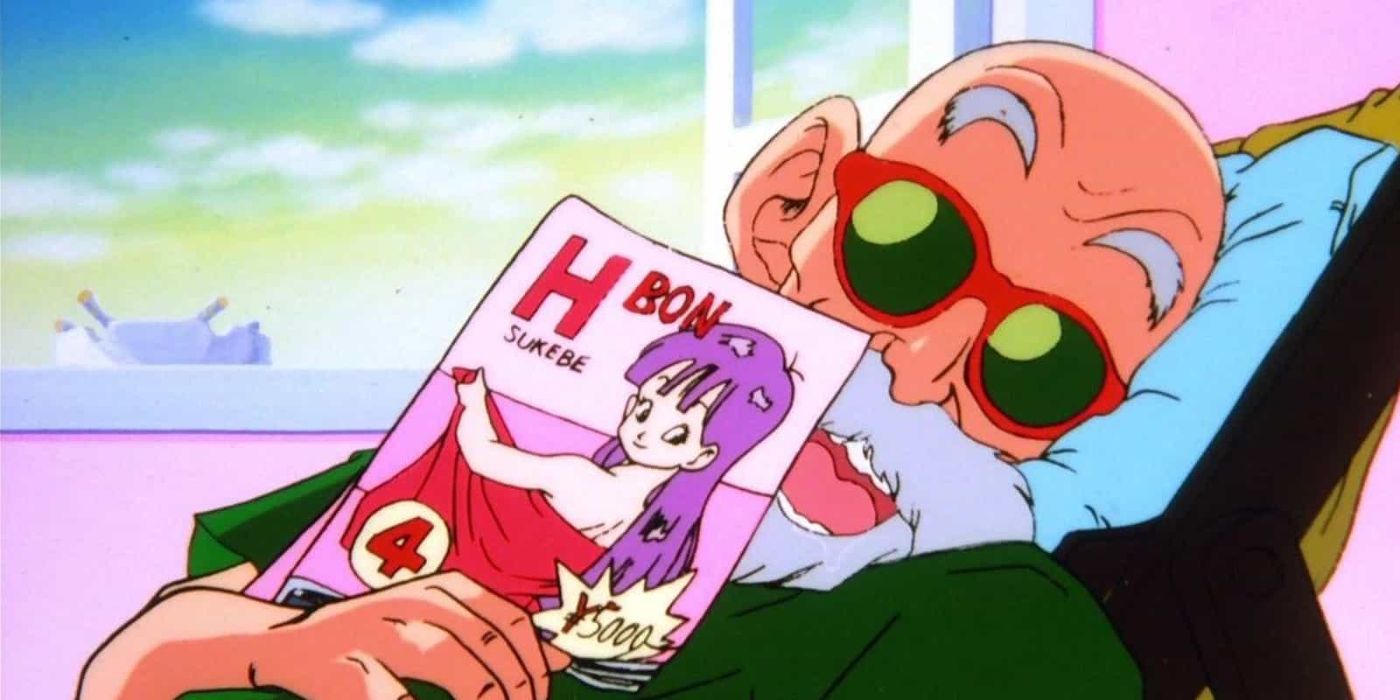 Master Roshi is sleeping in a chair while holding an adult magazine with a woman wrapped in a towel on the cover of Dragon Ball.