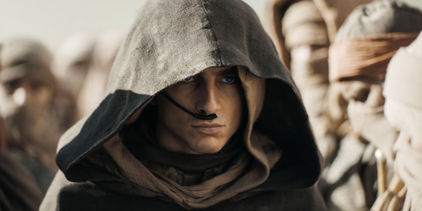 Timothee Chalamet as Paul Atriedes wearing a hood in Dune: Part Two