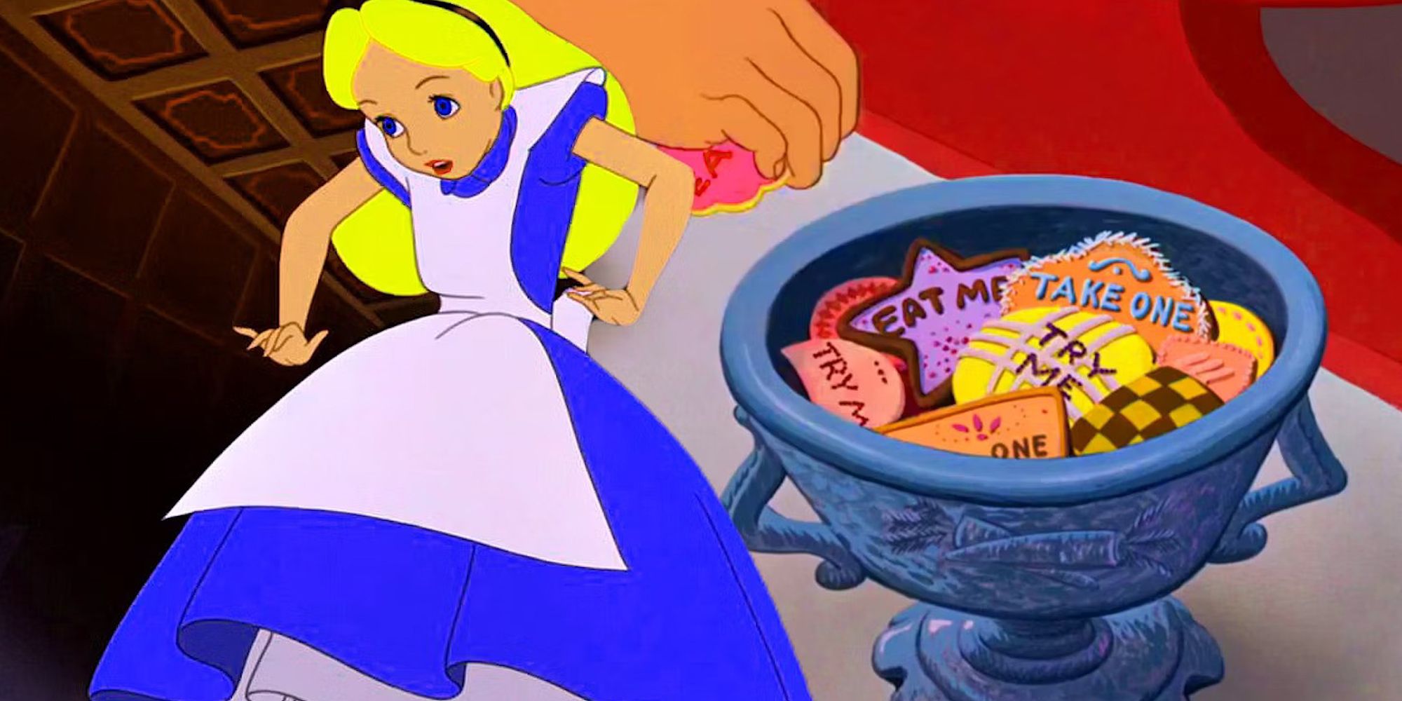 Blended image showing Alice and the Eat-Me cookies on a plate.