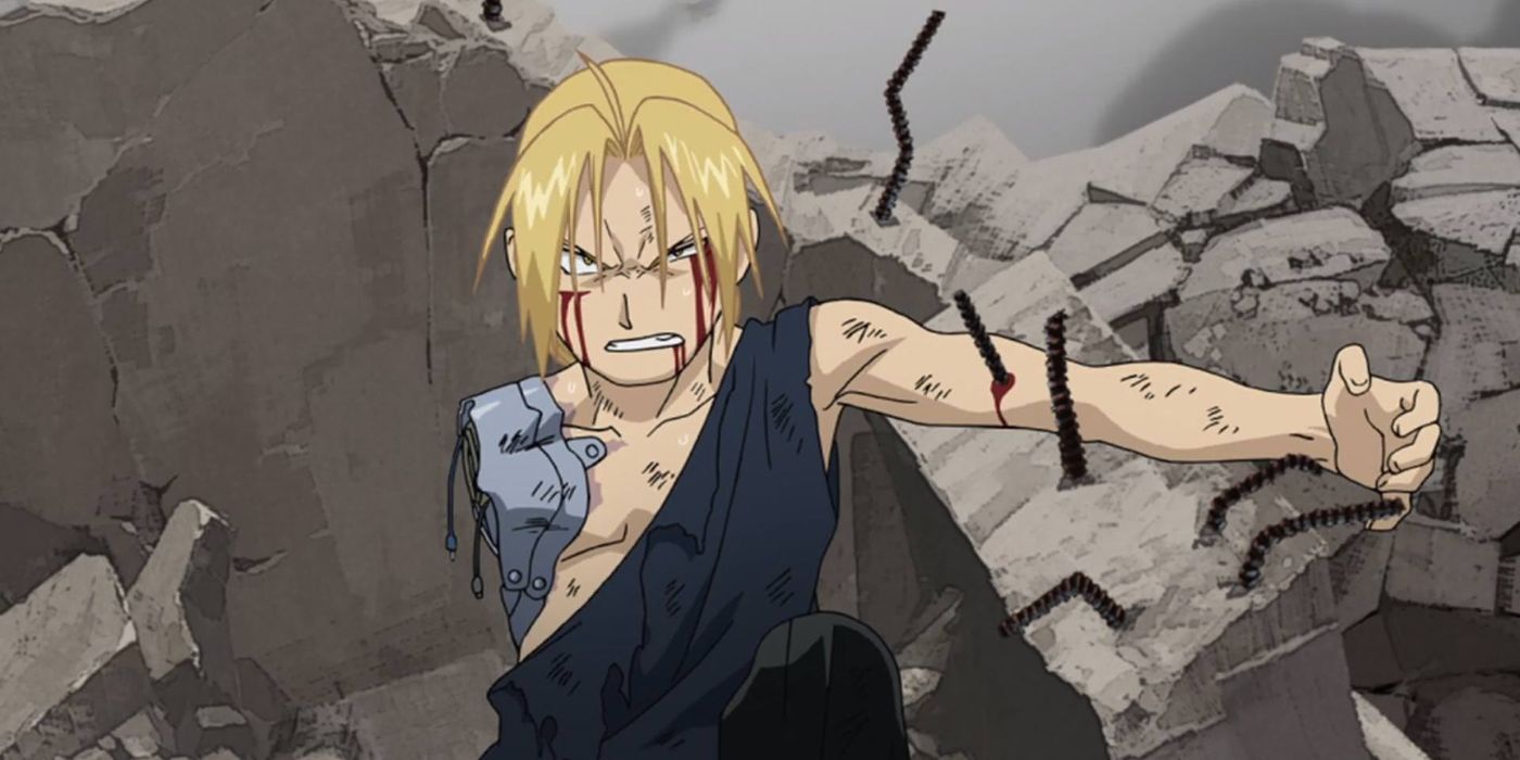 En Fullmetal Alchemist, Edward Elric está clavado a un bloque de cemento a través de su brazo.