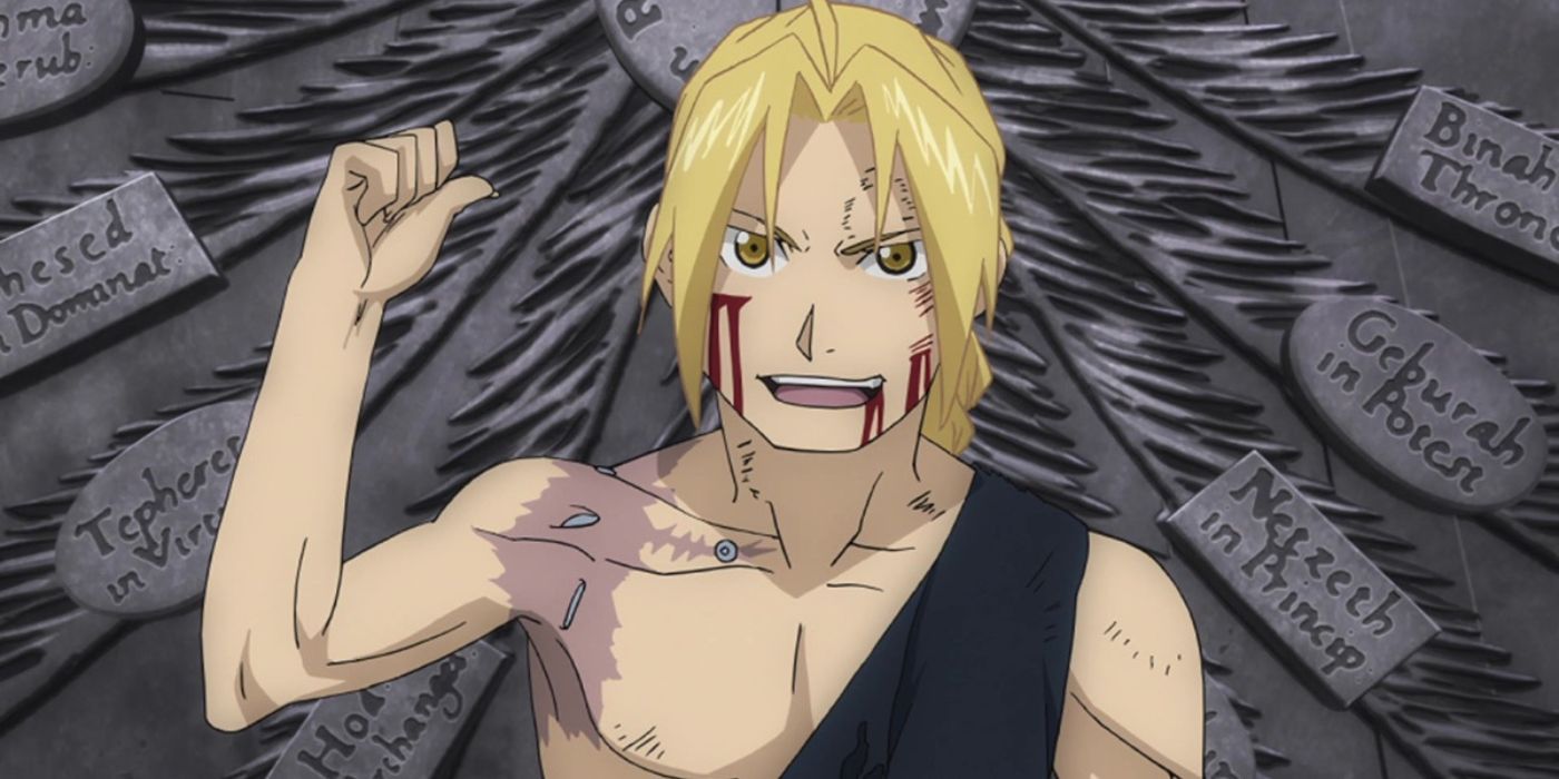 Edward Elric points at a monument behind him snarkily in Fullmetal Alchemist: Brotherhood