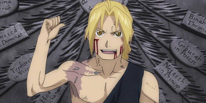 Edward Elric points at a monument behind him snarkily in Fullmetal Alchemist: Brotherhood