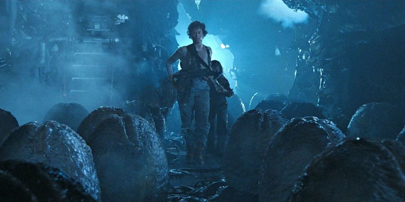 Ellen Ripley walking through an alien egg nest in Aliens