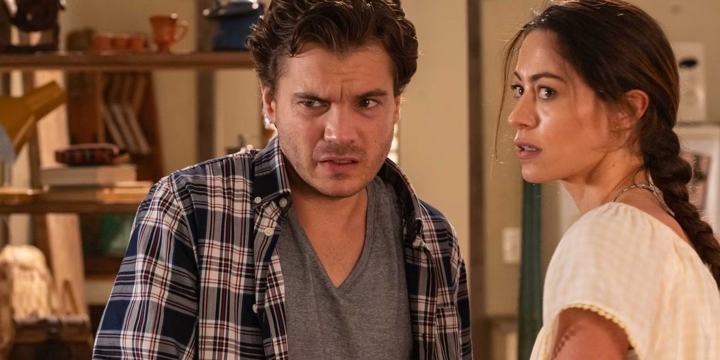Emile Hirsch and Tatjana Nardone looking at someone off camera in State of Consciousness
