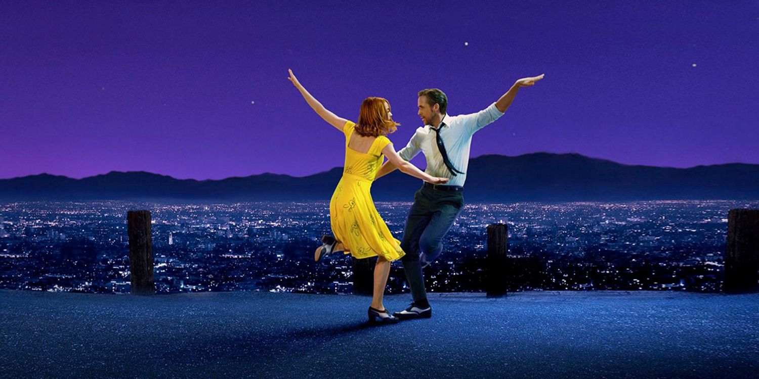 Emma Stone and Ryan Gosling dancing in front of a purple sky and city background