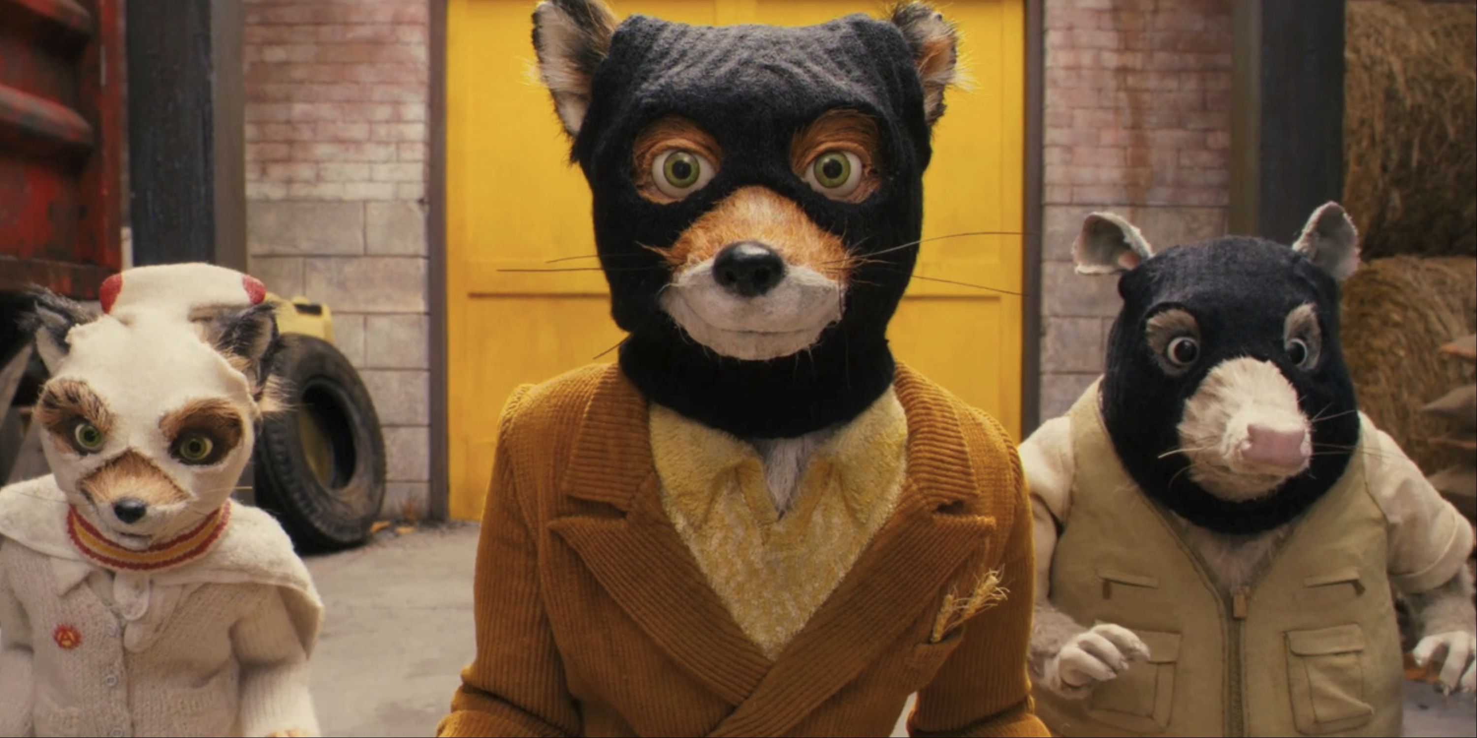 Mr. Fox, Ash, and Kylie wearing ski masks about to rob the farm in Fantastic Mr. Fox