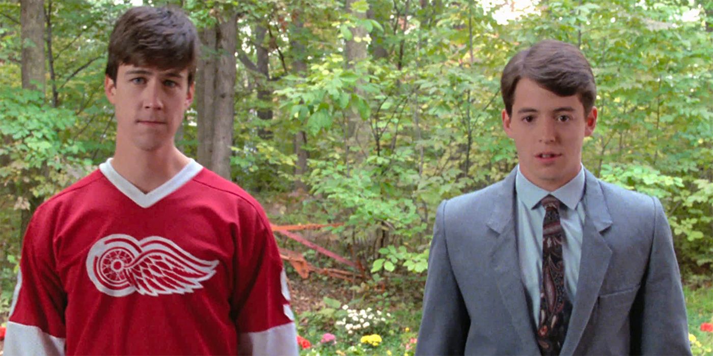 Cameron and Ferris standing side by side in the forest in Ferris Bueller's Day Off