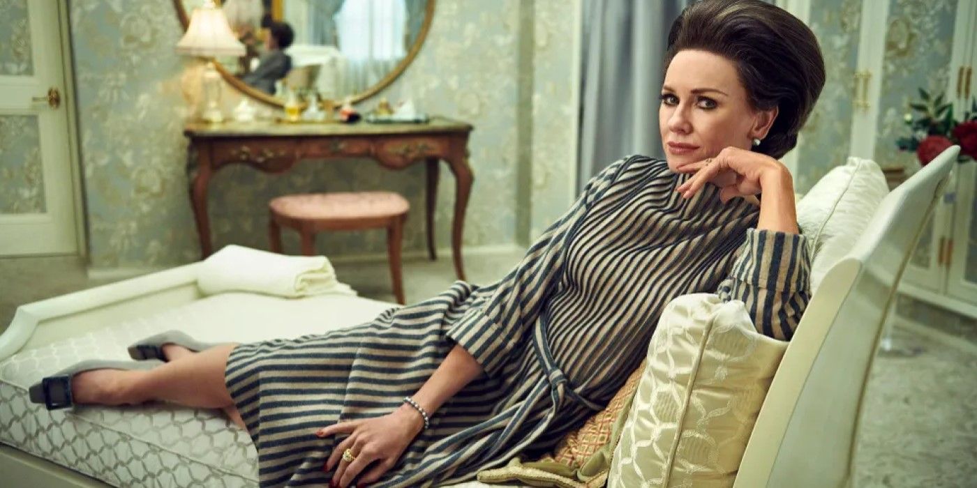 Naomi Watts sitting on a chaise lounge sofa in 'Feud: Capote Vs. The Swans'