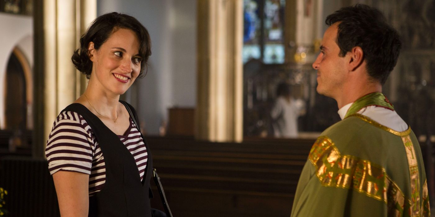 Fleabag (Phoebe Waller-Brideg) talks to the Priest (Andrew Scott) in his church.