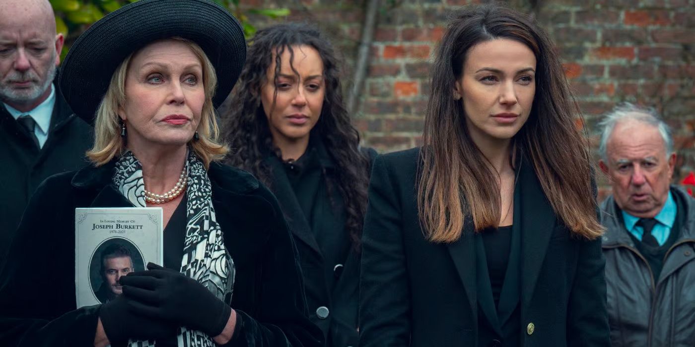 Michelle Keegan as Maya with Joanna Lumley as Judith standing at Joe's funeral in 'Fool Me Once'