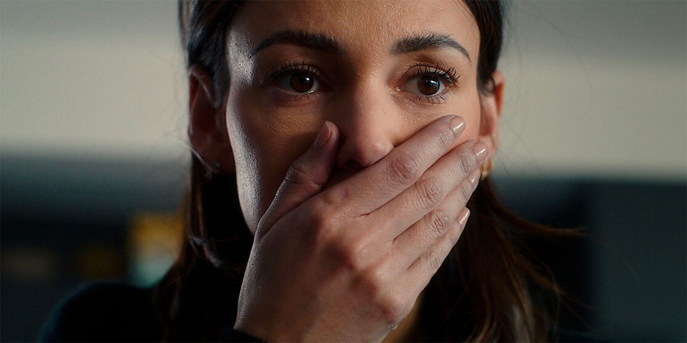 Michelle Keegan as Maya covering her mouth in surprise in 'Fool Me Once'