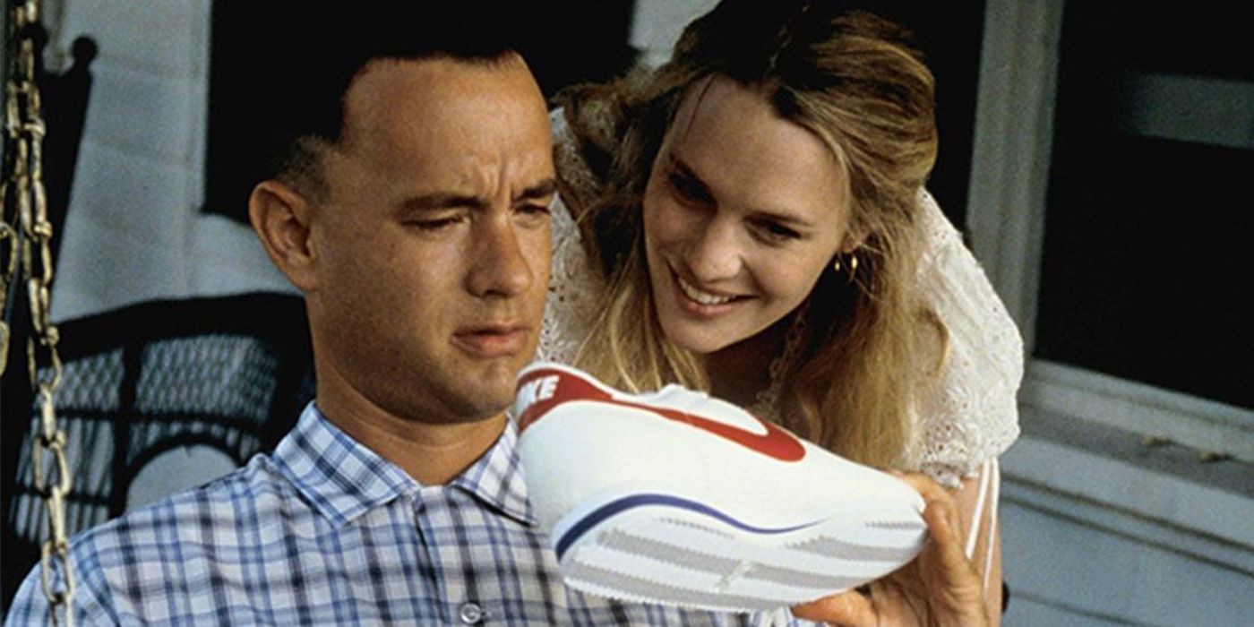 Forrest Gump holding his new pair of Nike sneakers up next to Jenny in Forrest Gump