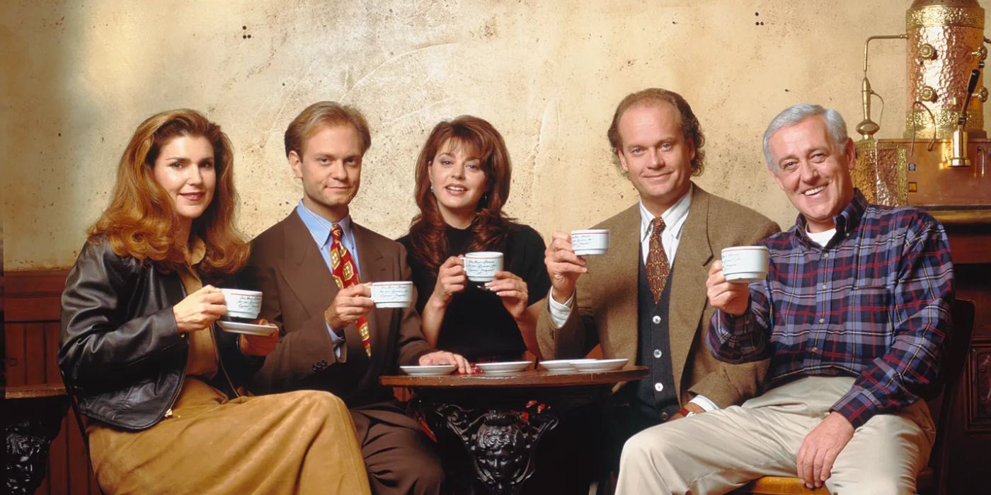 Roz, Niles, Daphne, Frasier, and Martin Crane having coffee together at a cafe.