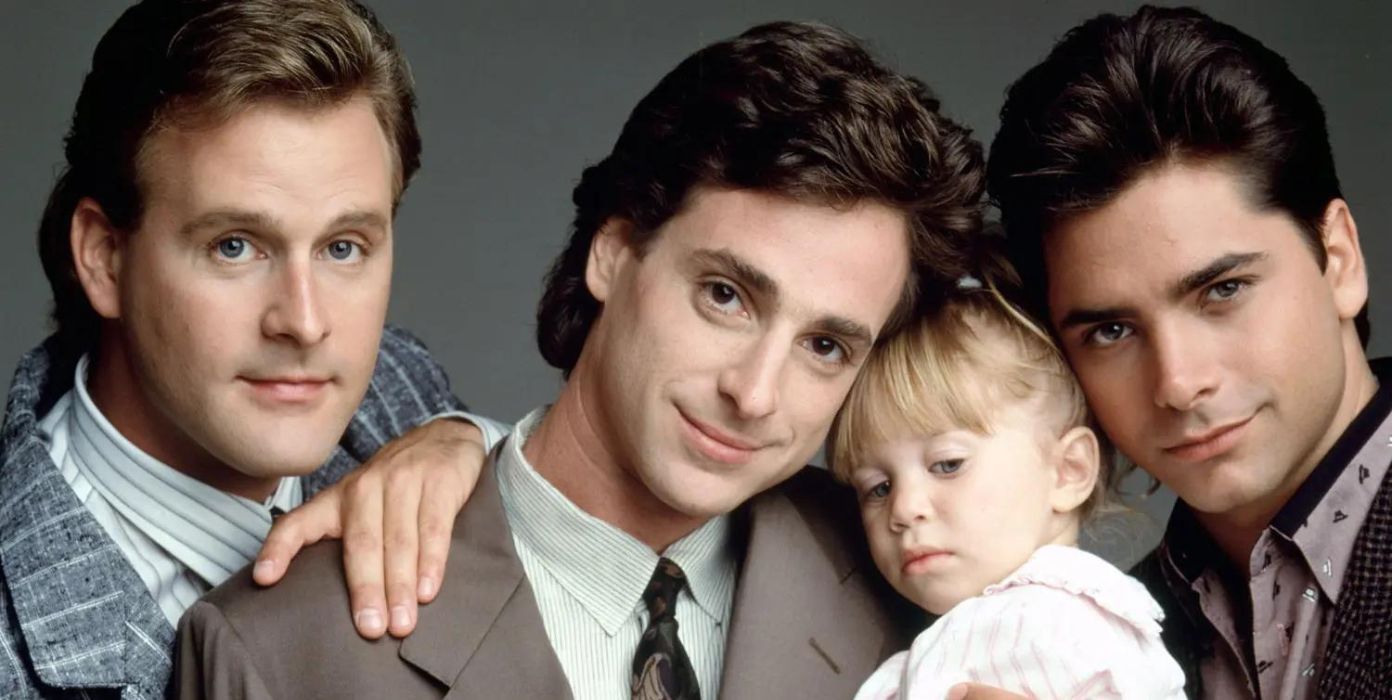Bob Saget, John Stamos, Dave Coulier, and Mary Kate/Ashley Olsen in Full House promo picture