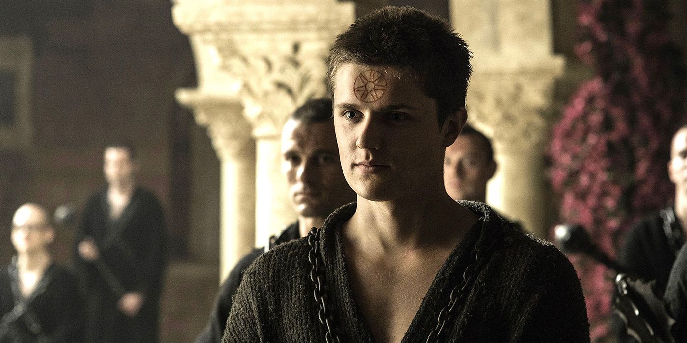 Lancel Lannister played by Eugene Simon with the seven-pointed star carved into his forehead in Game of Thrones