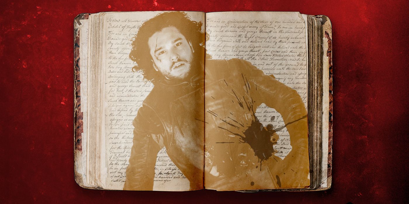 A custom image of Kit Harington as Jon Snow after he is stabbed on a book page