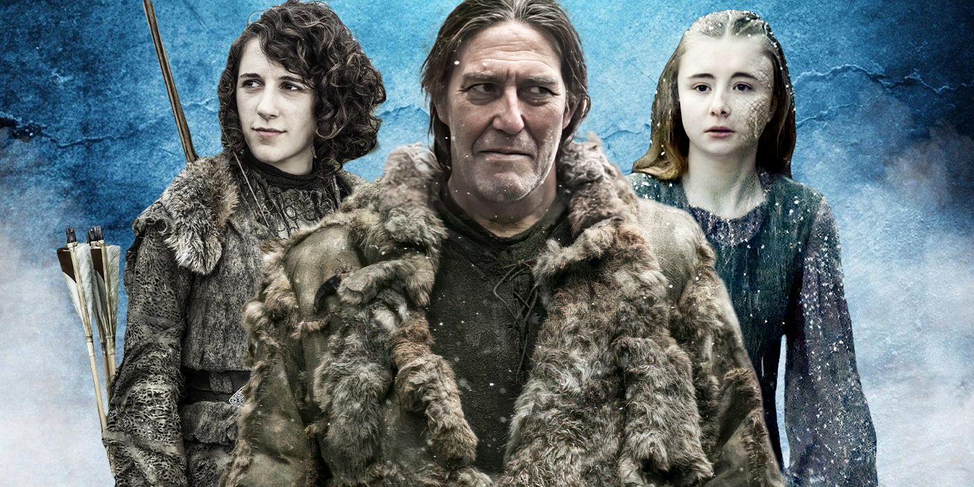 Ellie Kendrick as Meera Reed, Ciarán Hinds as Mance Rayder, and Kerry Ingram as Shireen from Game of Thrones