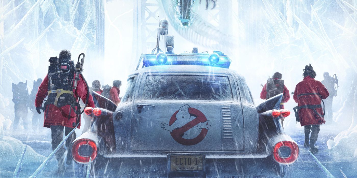 The cast members stand around the ectomobile on a cropped Ghostbusters: Frozen Empire poster